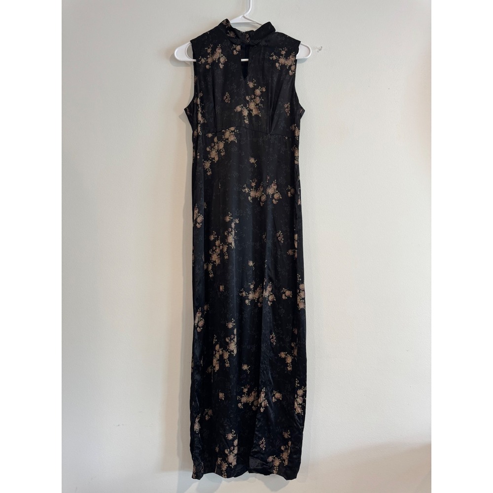 All That Jazz Vintage Floral Maxi Dress Womens 9/10 Black Gold Satin Jacquard